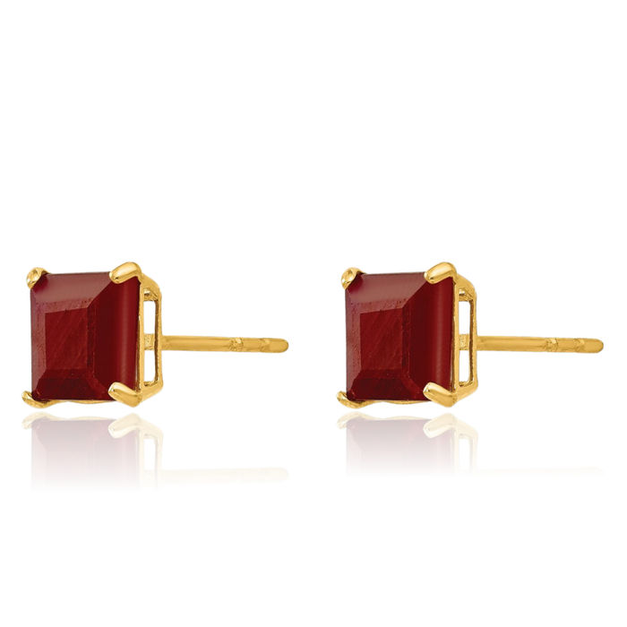 14K Solid Yellow Gold Red Ruby 5mm Square Stud Earrings