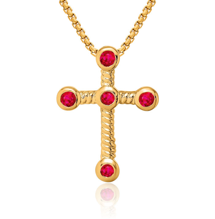 14K Solid Yellow Gold Red Ruby Holy Cross Floating Chain Slide Pendant Necklace Religious Jesus Christ Charm
