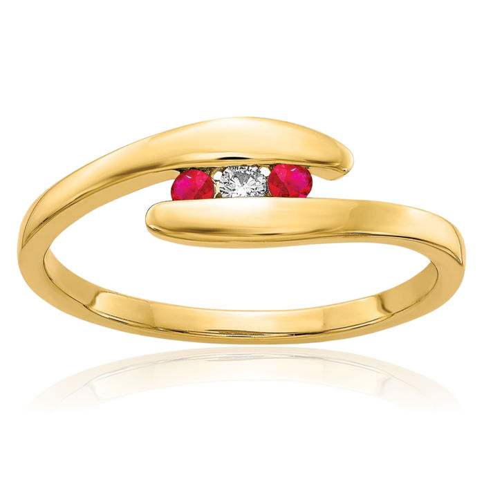 14K Solid Yellow Gold Red Ruby Diamond 3 Stone Ring Gemstone Band July Birthstone Jewelry