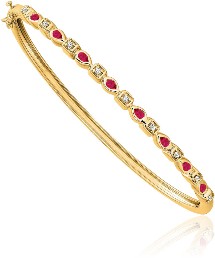 14K Solid Yellow Gold Red Ruby Diamond Gemstone Bangle Bracelet