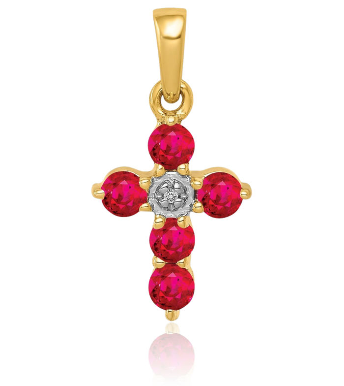 14K Solid Yellow Gold Red Ruby Diamond Holy Cross Necklace Gemstone Pendant Charm April Birthstone Jewelry