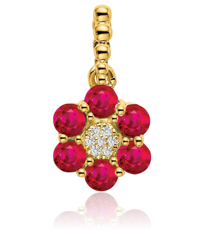 14K Solid Yellow Gold Red Ruby Diamond Flower Necklace Charm Gemstone Pendant