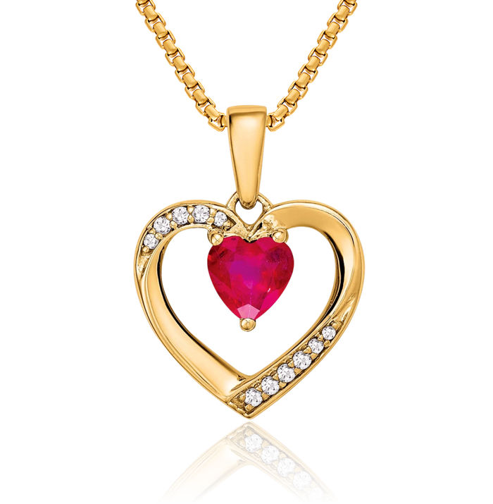 14K Solid Yellow Gold Red Ruby Diamond Heart Necklace Charm Gemstone Pendant