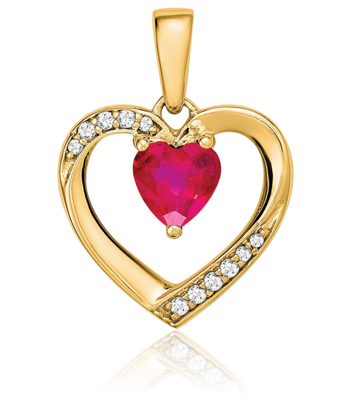 14K Solid Yellow Gold Red Ruby Diamond Heart Necklace Charm Gemstone Pendant