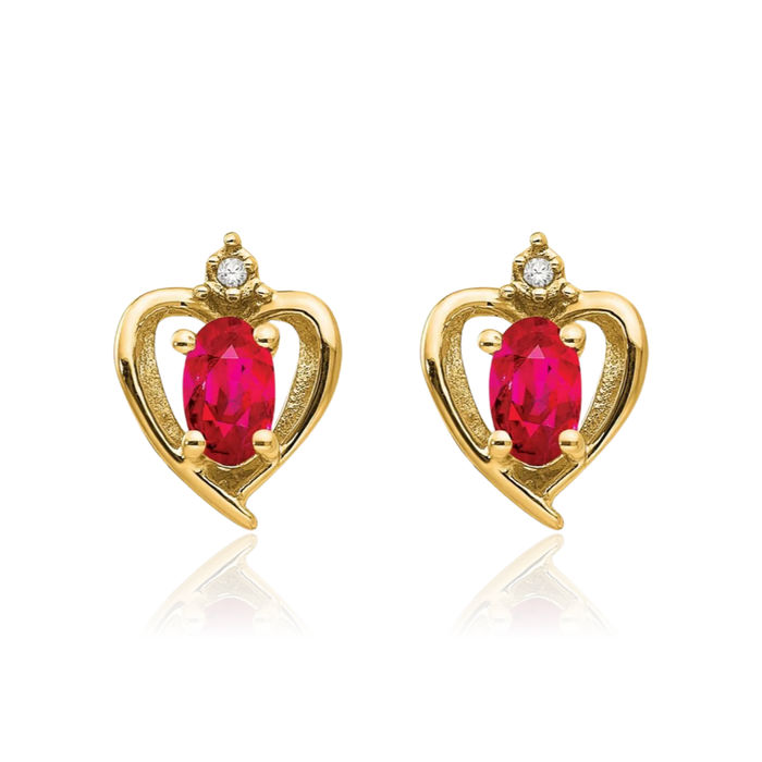 14K Solid Yellow Gold Red Ruby Diamond Heart Stud Earrings July Birthstone Jewelry