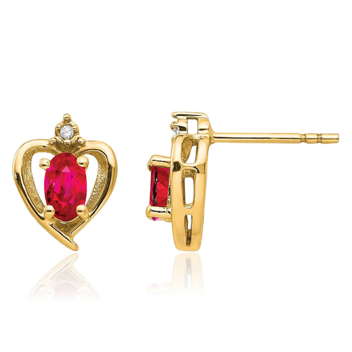 14K Solid Yellow Gold Red Ruby Diamond Heart Stud Earrings July Birthstone Jewelry