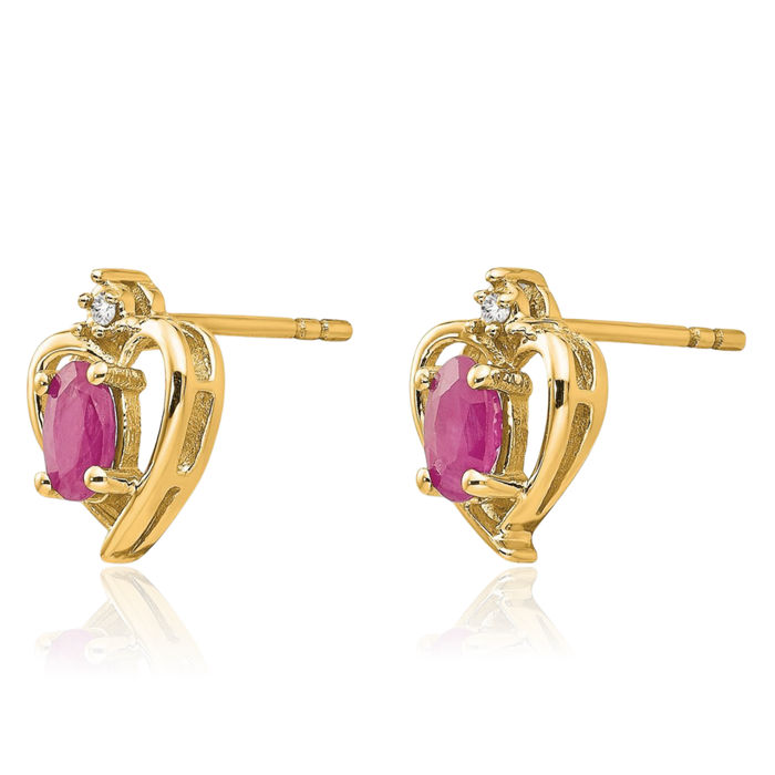 14K Solid Yellow Gold Red Ruby Diamond Heart Stud Earrings July Birthstone Jewelry