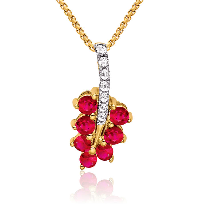 14K Solid Yellow Gold Red Ruby Diamond Leaf Flowers Necklace Charm Gemstone Pendant