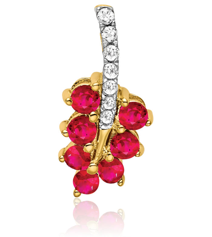 14K Solid Yellow Gold Red Ruby Diamond Leaf Flowers Necklace Charm Gemstone Pendant