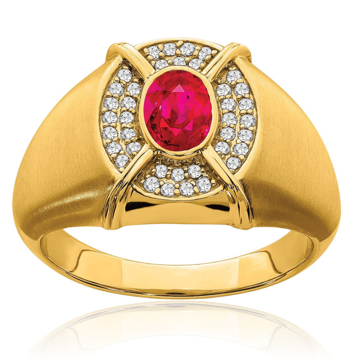 14K Solid Yellow Gold Red Ruby Diamond Mens Ring