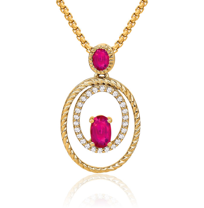 14K Solid Yellow Gold Red Ruby Diamond Oval Necklace Charm Gemstone Pendant