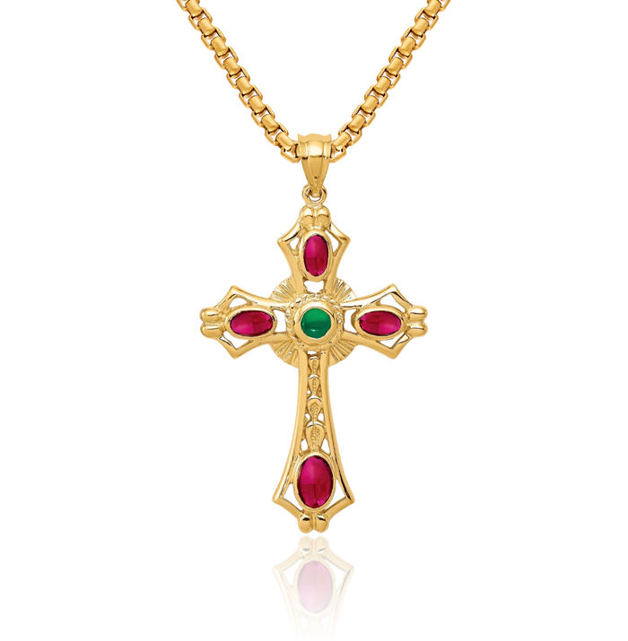 14K Solid Yellow Gold Red Ruby Green Emerald Cabochon Heart Irish Claddagh Celtic Iona Holy Cross Necklace Religious Chain Pendant Jesus Christ Charm Jewelry