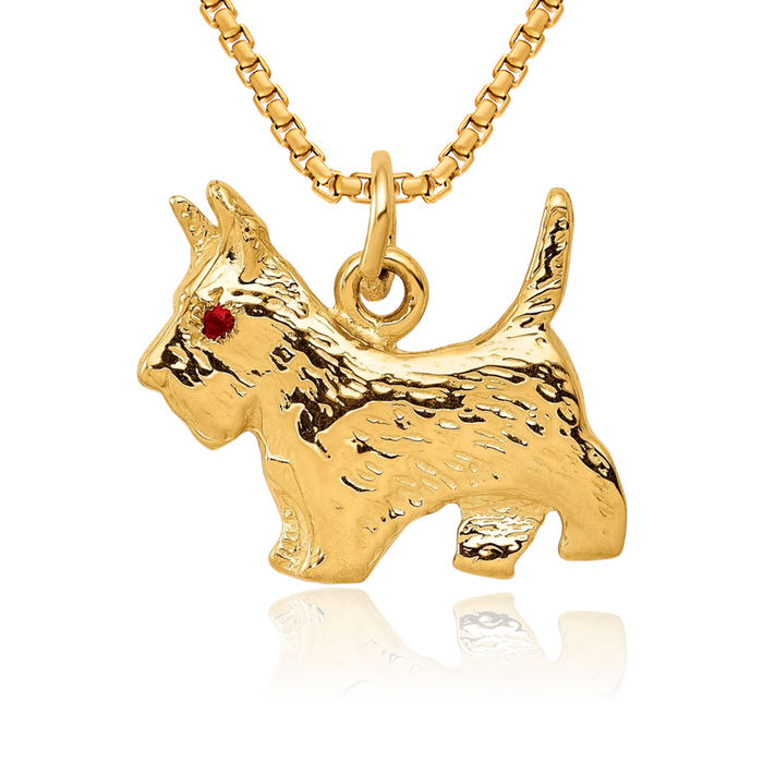 14K Solid Yellow Gold Red Ruby Eye Scottie Dog Necklace Chain Pendant Charm