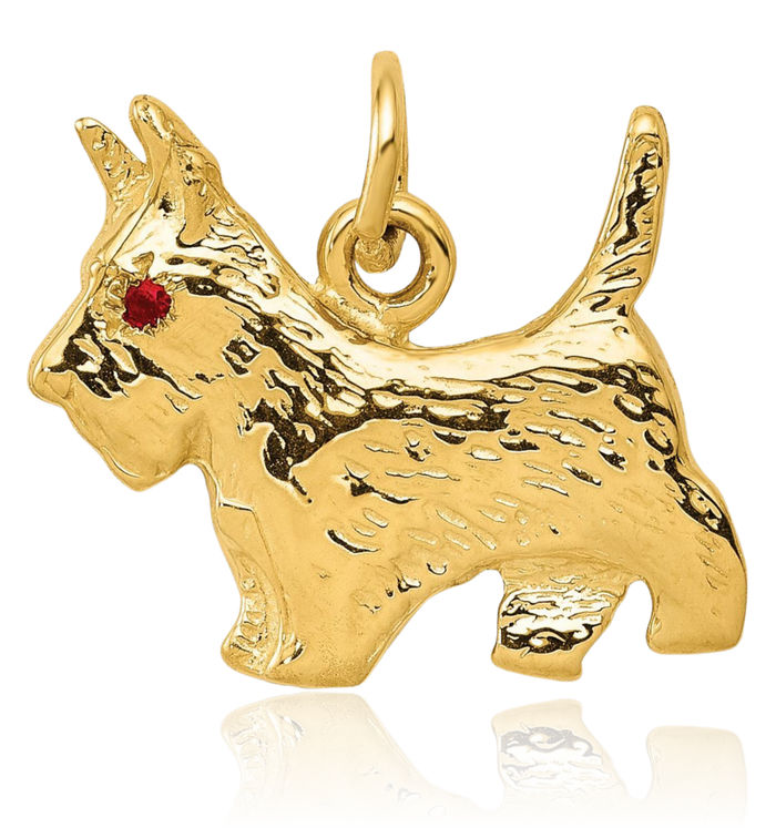 14K Solid Yellow Gold Red Ruby Eye Scottie Dog Necklace Chain Pendant Charm