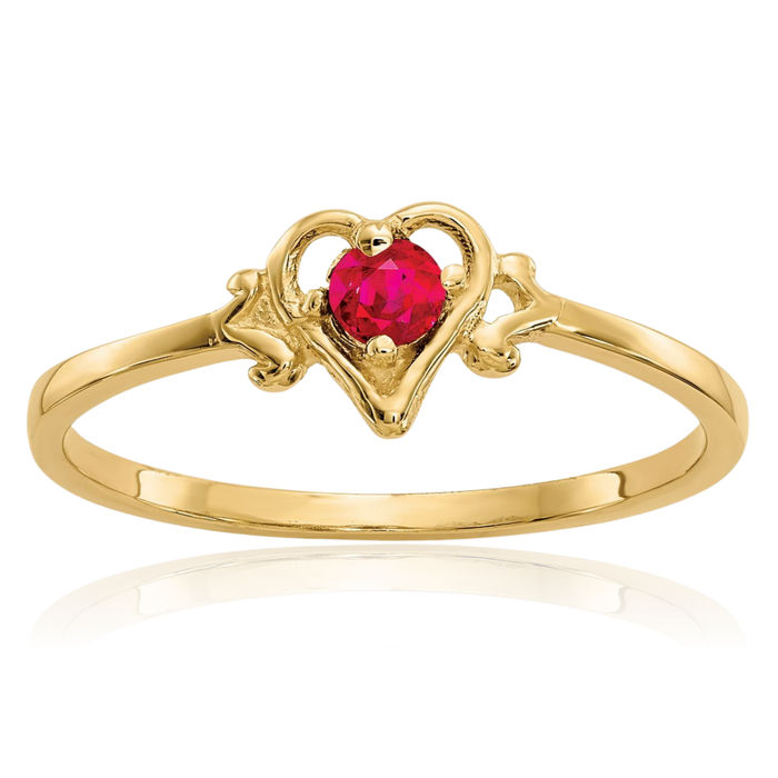 14K Solid Yellow Gold Red Ruby Heart Ring Love Band July Birthstone Jewelry