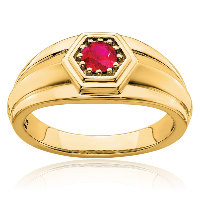 14K Solid Yellow Gold Red Ruby Mens Ring Gemstone Band