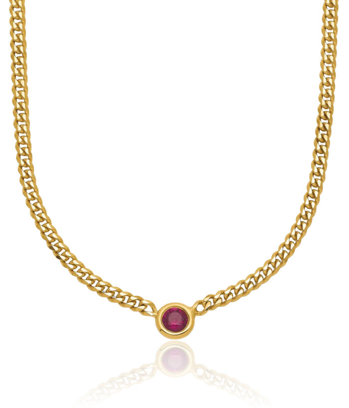 14K Solid Yellow Gold Red Ruby Necklace Curb Link Chain Gemstone Pendant Charm