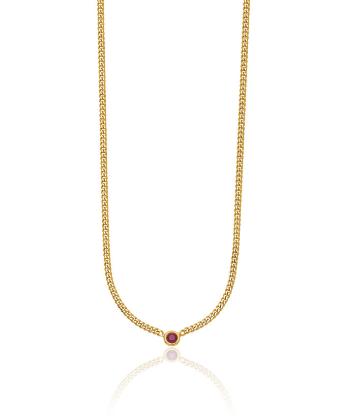 14K Solid Yellow Gold Red Ruby Necklace Curb Link Chain Gemstone Pendant Charm