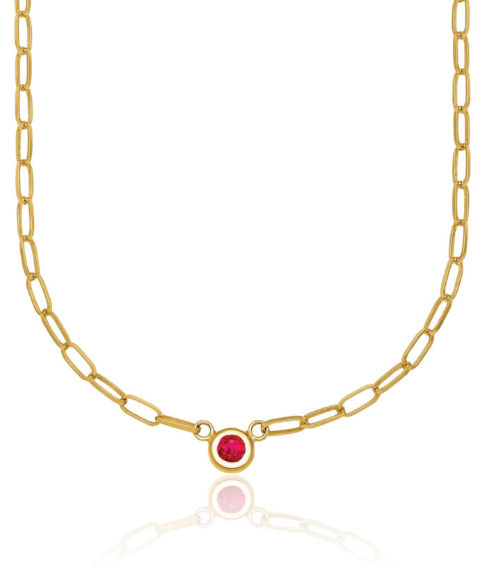 14K Solid Yellow Gold Red Ruby Oval Link Necklace Chain Gemstone Pendant Charm