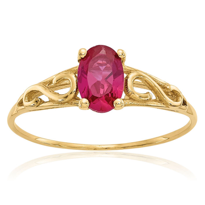 14K Solid Yellow Gold Synthetic Red Ruby Solitaire Ring