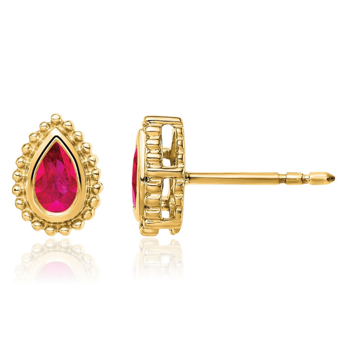 14K Solid Yellow Gold Red Ruby Studs Pear Teardrop Gemstone Earrings July Birthstone Jewelry
