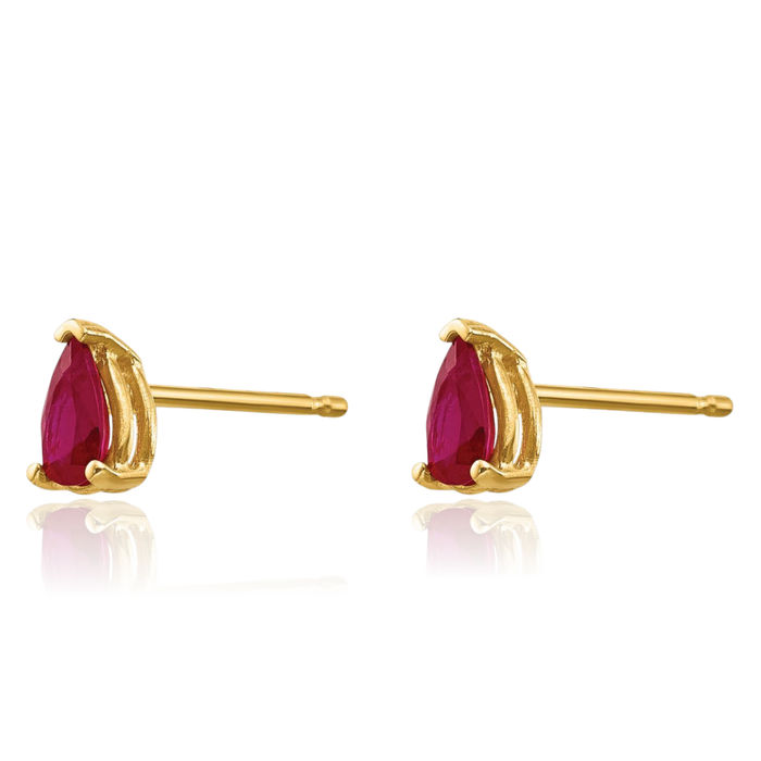 14K Solid Yellow Gold Red Ruby Studs Pear Teardrop Gemstone Solitaire Earrings July Birthstone Jewelry