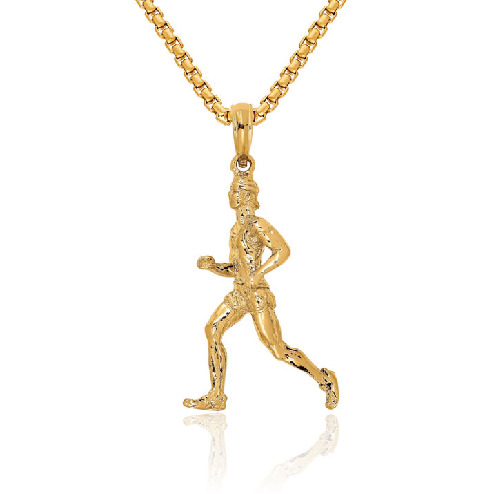 14K Solid Yellow Gold Runner Necklace Running Charm Sports Pendant