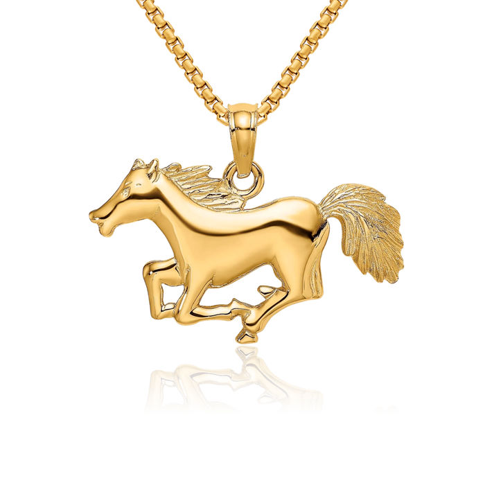 14K Solid Yellow Gold Running Horse Head Necklace Animal Lover Pendant Equestrian Charm