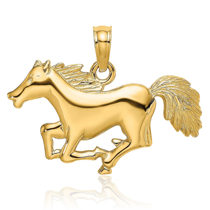14K Solid Yellow Gold Running Horse Head Necklace Animal Lover Pendant Equestrian Charm