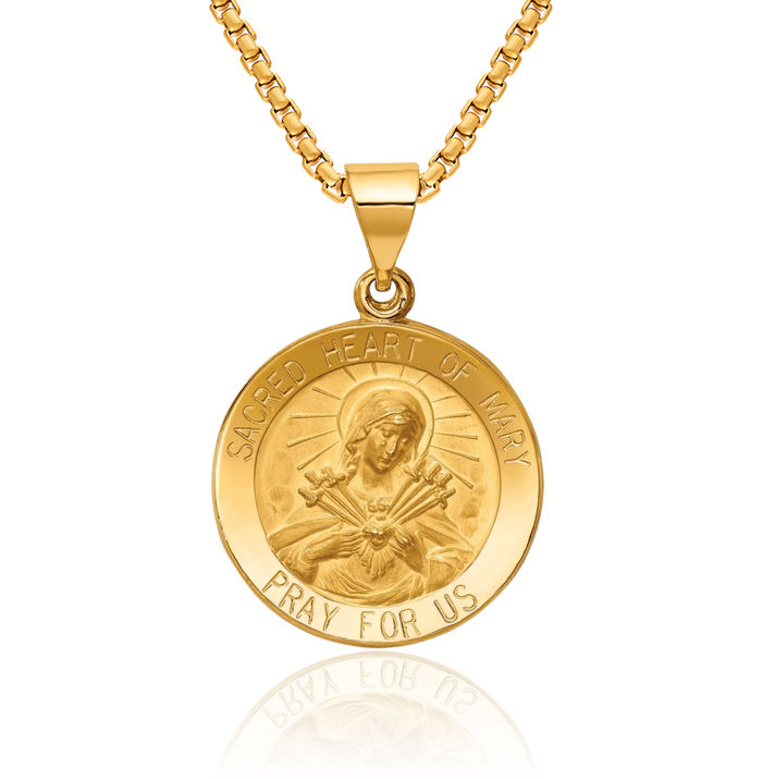 14K Solid Yellow Gold Sacred Heart of Blessed Mother Mary Medal Necklace Chain Pendant Charm