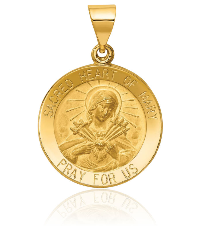 14K Solid Yellow Gold Sacred Heart of Blessed Mother Mary Medal Necklace Chain Pendant Charm