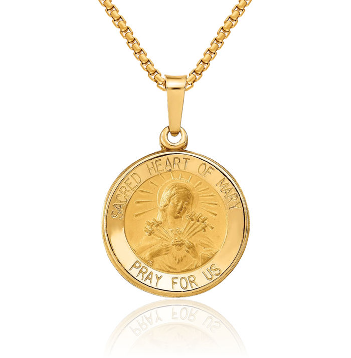 14K Solid Yellow Gold Sacred Heart of Blessed Mother Mary Medal Necklace Chain Pendant Charm