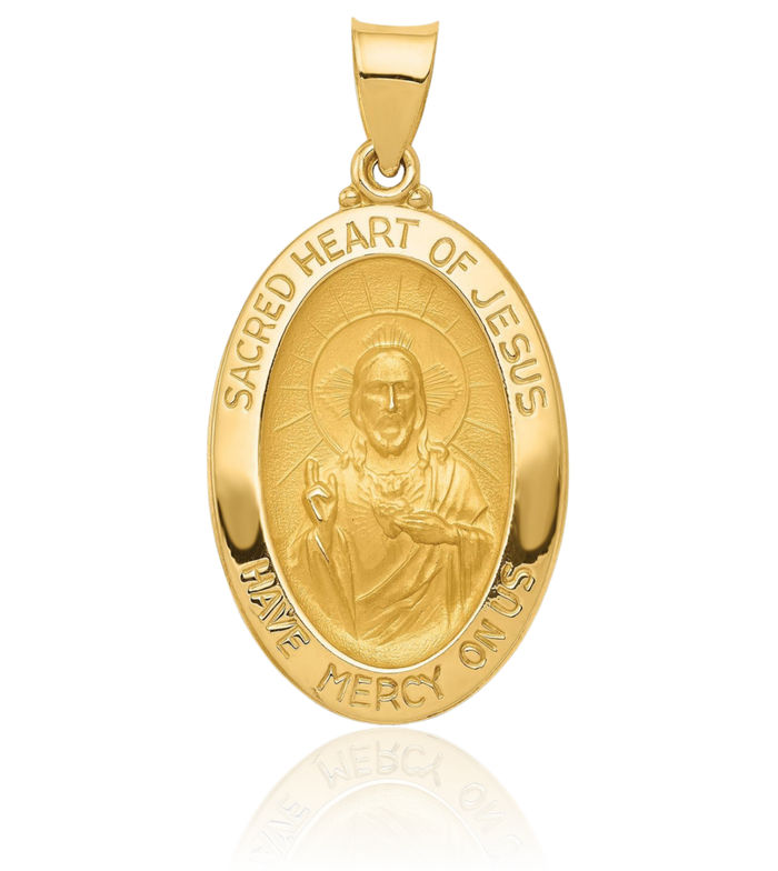 14K Solid Yellow Gold Sacred Heart of Jesus Christ Head Face Medal Necklace Religious Chain Pendant Christian Faith Charm