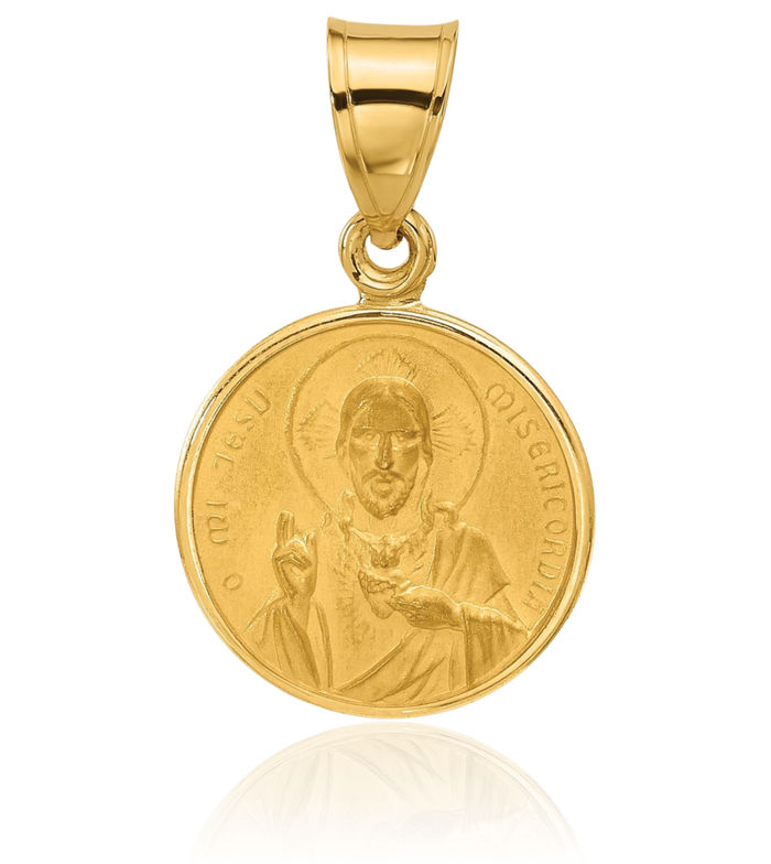 14K Solid Yellow Gold Sacred Heart of Jesus Christ Head Face Medal Necklace Religious Chain Pendant Christian Faith Charm
