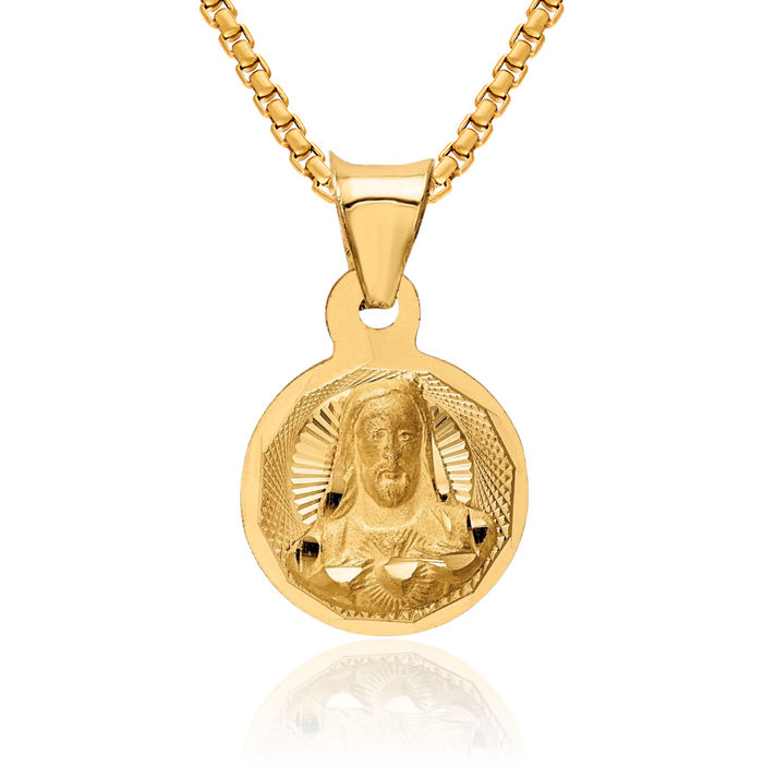 14K Solid Yellow Gold Sagrado Corazon Circle Round Medal Necklace Chain Pendant Charm