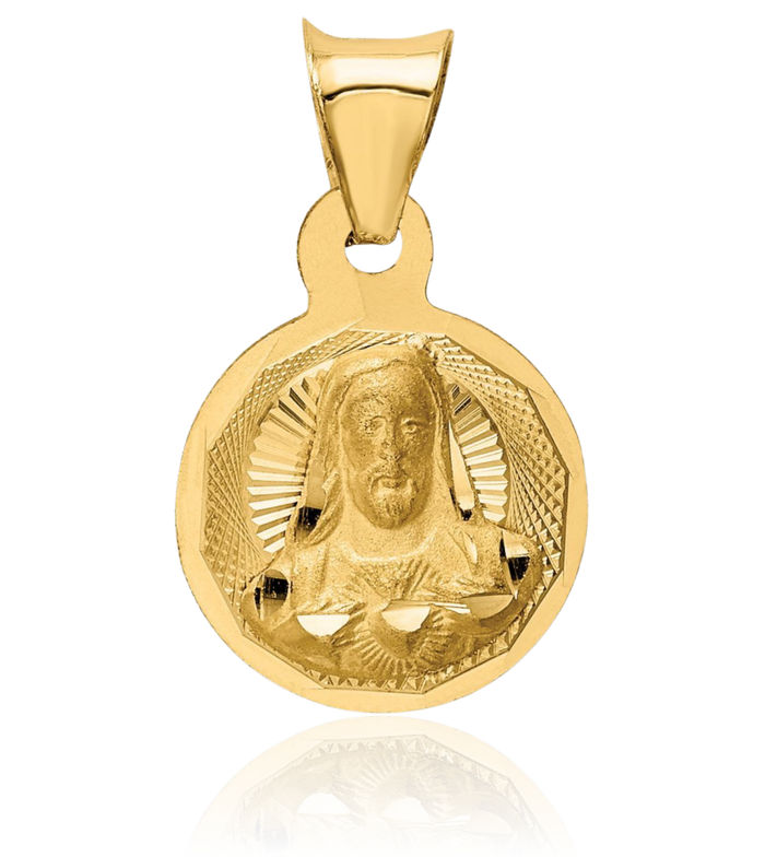 14K Solid Yellow Gold Sagrado Corazon Circle Round Medal Necklace Chain Pendant Charm