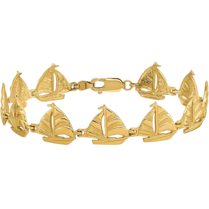 14K Solid Yellow Gold Sailboat Chain Charm Bracelet