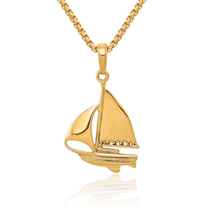 14K Solid Yellow Gold Sailboat Necklace Chain Pendant Charm