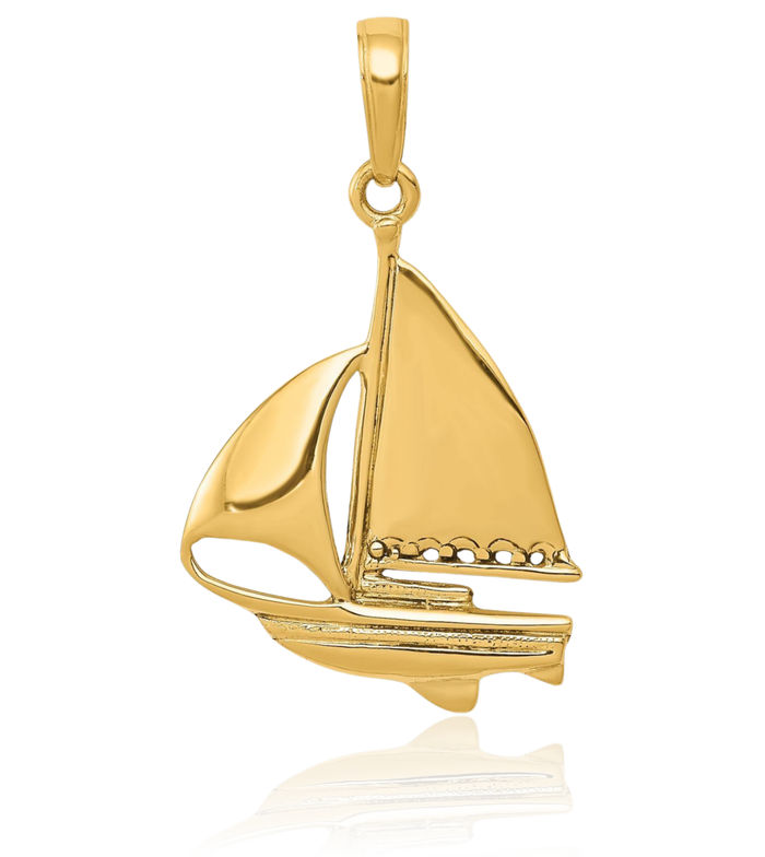 14K Solid Yellow Gold Sailboat Necklace Chain Pendant Charm