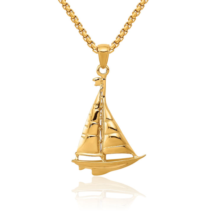 14K Solid Yellow Gold Sailboat Necklace Chain Pendant Charm