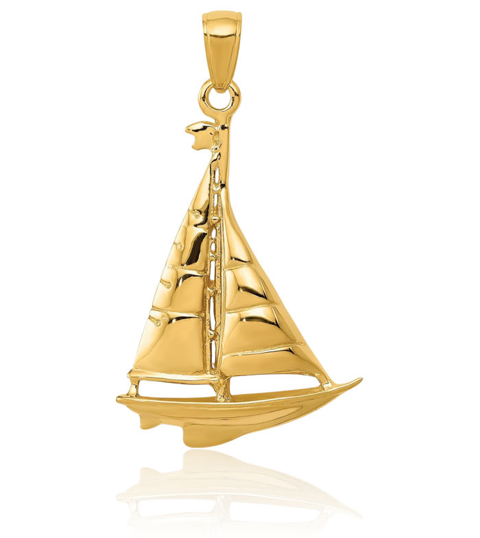 14K Solid Yellow Gold Sailboat Necklace Chain Pendant Charm