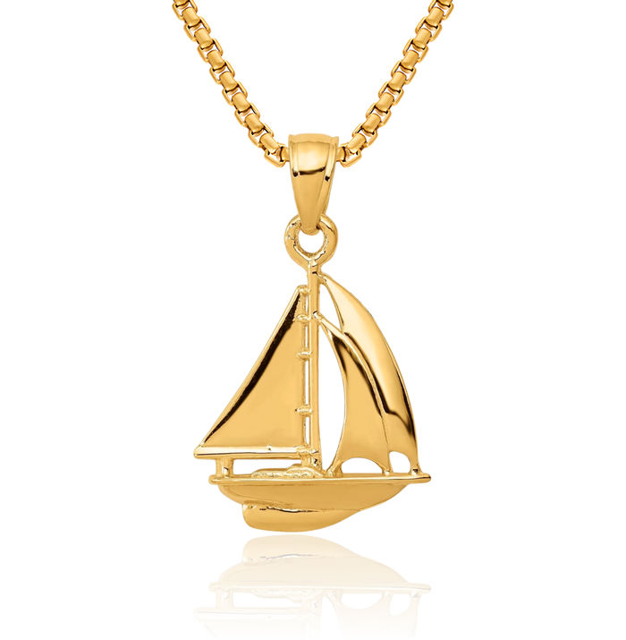 14K Solid Yellow Gold Sailboat Necklace Chain Pendant Charm