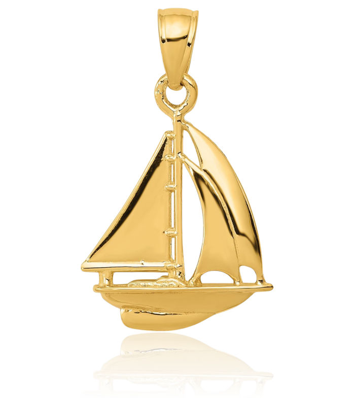 14K Solid Yellow Gold Sailboat Necklace Chain Pendant Charm