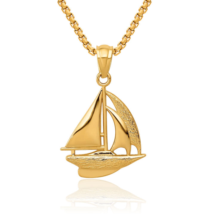 14K Solid Yellow Gold Sailboat Necklace Chain Pendant Charm