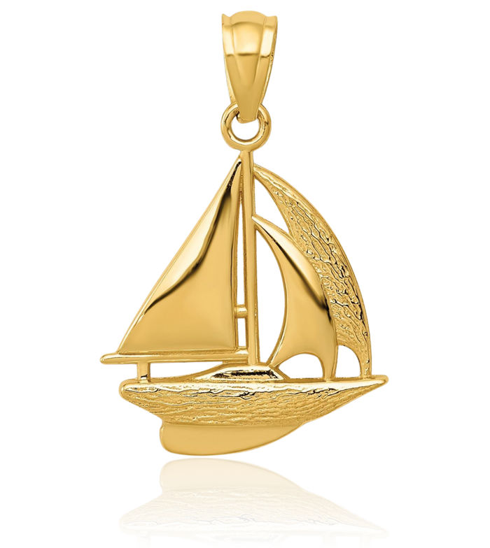 14K Solid Yellow Gold Sailboat Necklace Chain Pendant Charm