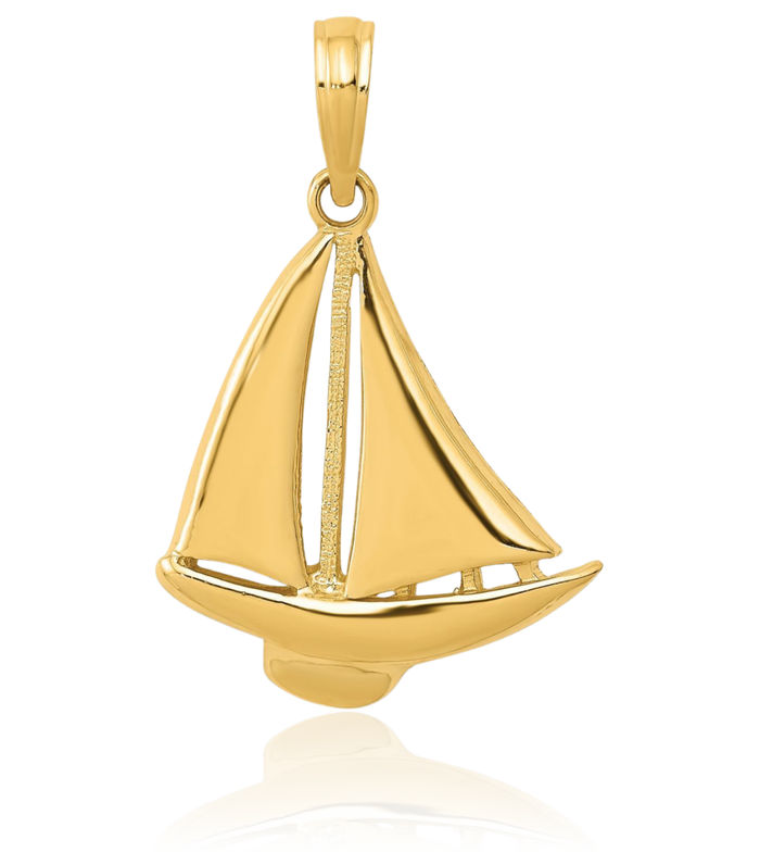 14K Solid Yellow Gold Sailboat Necklace Chain Pendant Charm