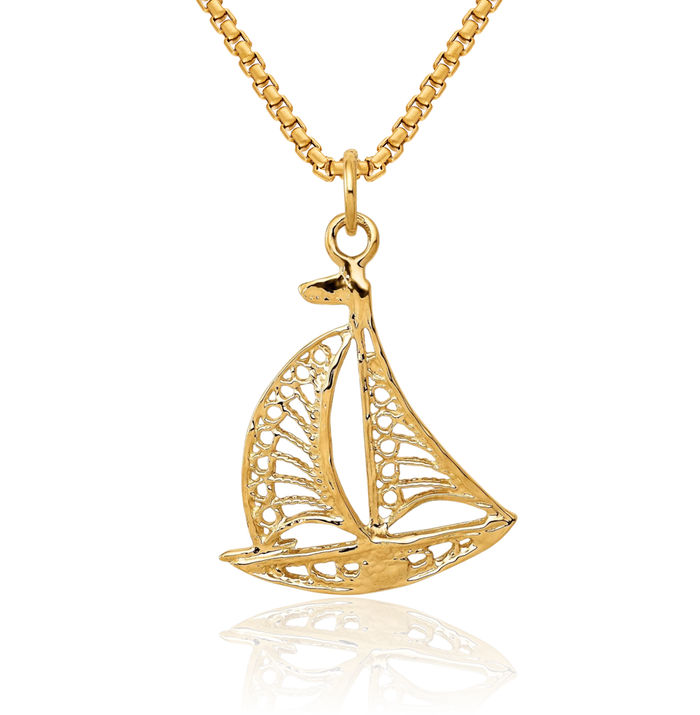 14K Solid Yellow Gold Sailboat Necklace Chain Pendant Charm