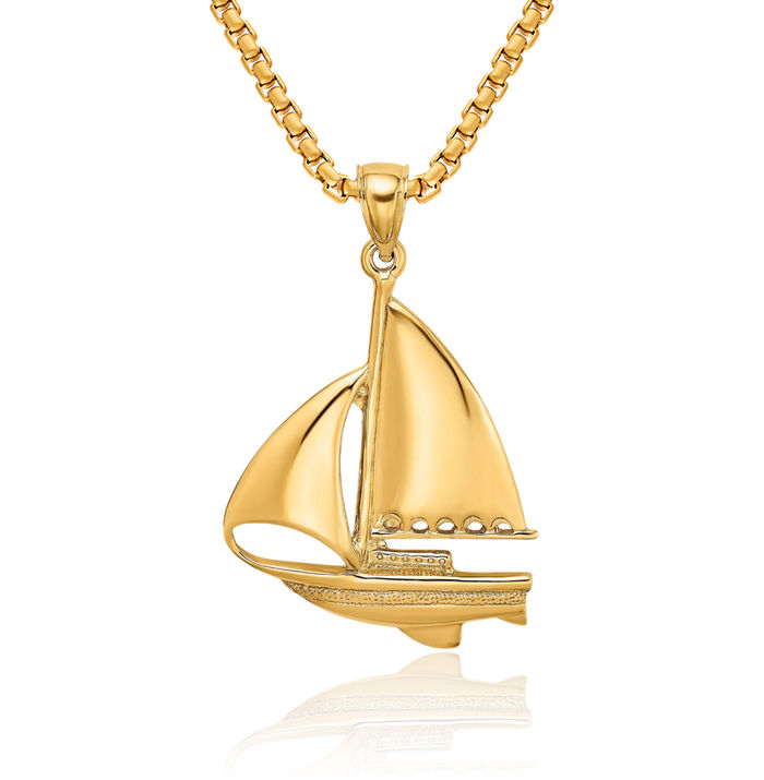 14K Solid Yellow Gold Sailboat Necklace Chain Pendant Charm