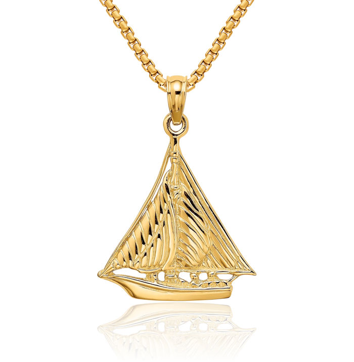 14K Solid Yellow Gold Sailboat Necklace Chain Pendant Charm