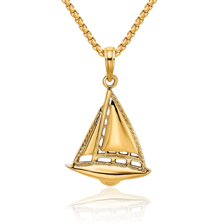 14K Solid Yellow Gold Sailboat Necklace Chain Pendant Charm